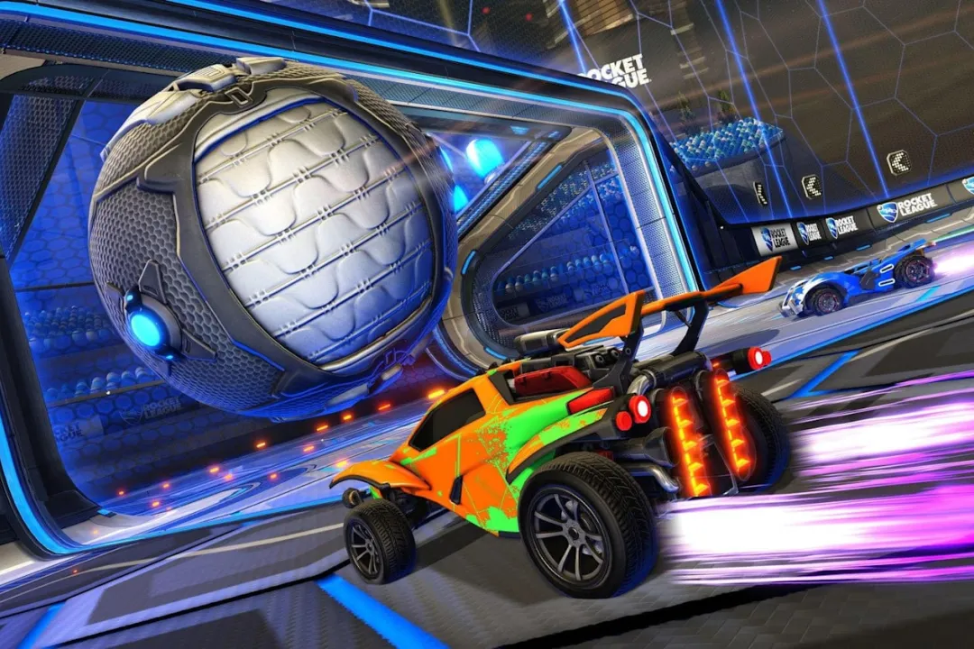 In-game photo of Rocket League with a car hitting a ball into a net